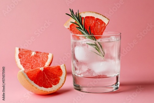 Refreshing Grapefruit Cocktail Garnished With Rosemary on a Pink Background