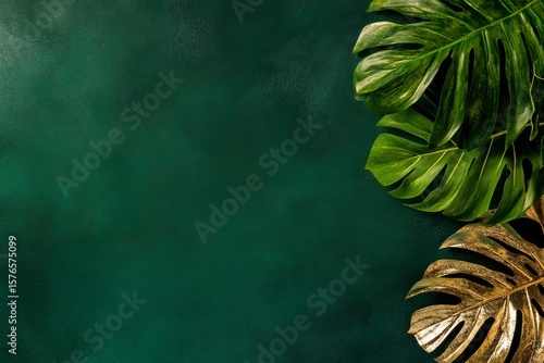 Natural Green and Golden Tropical Leaves Create an Elegant Background for Dec...