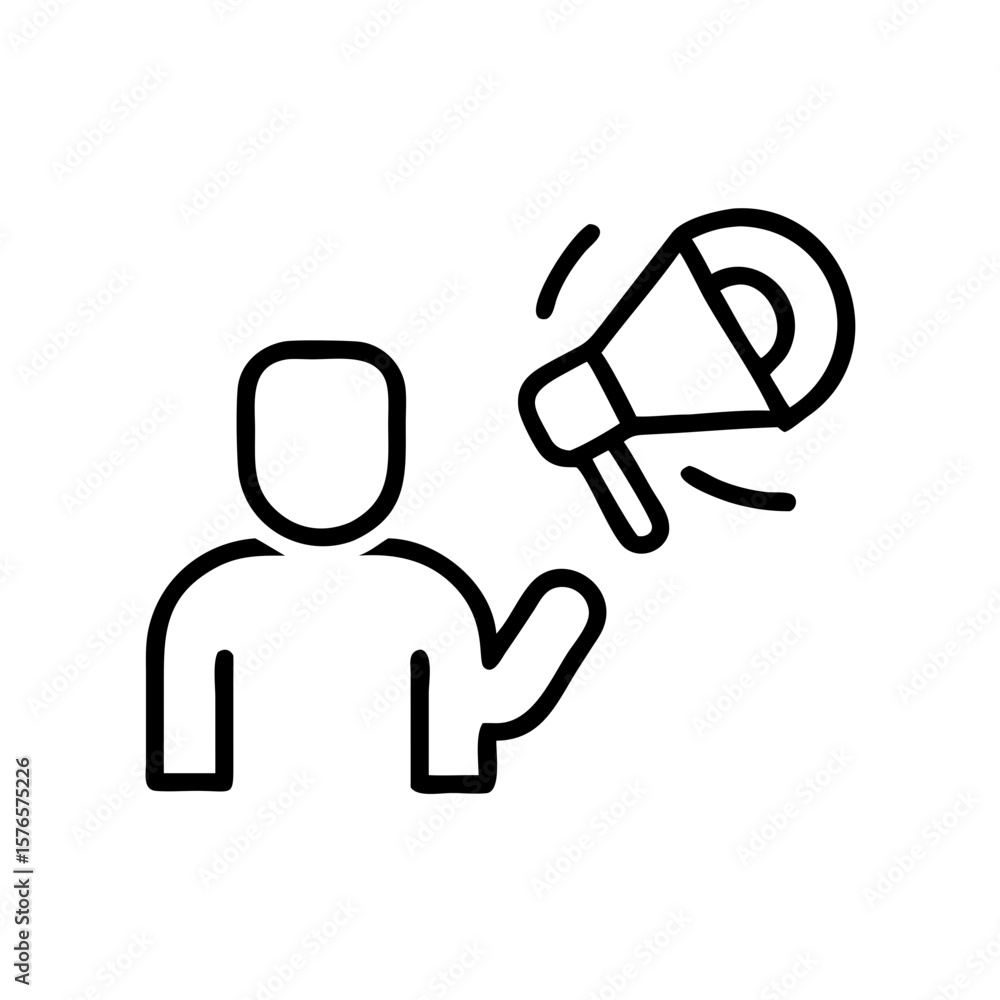 Fototapeta premium Person speaking with megaphone in outline style for awareness campaign 