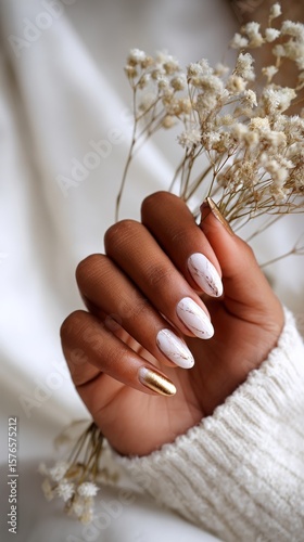 Elegant Hand With White Nails Holding Dried Flowers Indoors in Soft Light