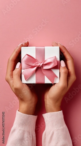 Present Wrapped in White and Pink Ribbon Held in Hands Against a Soft Pink Ba...