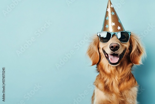 Happy Golden Retriever Wearing Party Hat and Sunglasses Against a Blue Backgr...