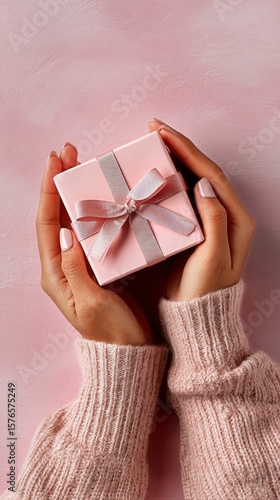 Gift Box Held in Hands With Soft Pink Background and Cozy Sweater