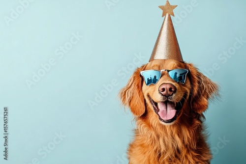 Golden Retriever Celebrates Birthday Wearing Sunglasses and Party Hat in a Co...