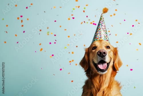 Golden Retriever Wearing Festive Party Hat Surrounded by Colorful Confetti Du...