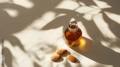 Minimalist mockup of almond oil with soft shadows on a light background for product presentation