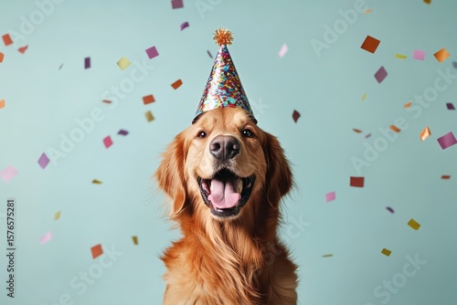 Golden Retriever Wearing Festive Party Hat Surrounded by Colorful Confetti Du...