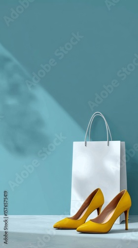 Stylish Yellow High Heels Next to a White Shopping Bag on a Blue Background