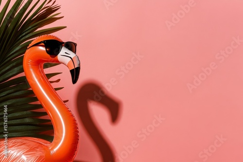 Colorful Flamingo Decoration With Sunglasses Against Pink Background and Tropical Leaves