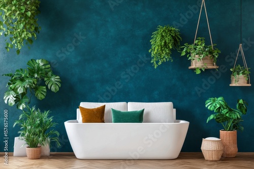 Elegant Bathroom Design With Deep Blue Wall and Lush Greenery in a Modern Set...