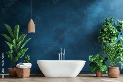 Modern Bathroom Design With a Freestanding Tub and Tropical Plants in a Seren...