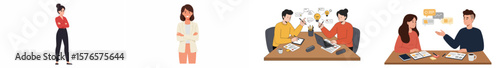Linear illustration of professionals in four sequential work-related scenes