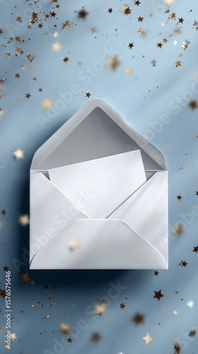 Elegant White Envelope With Blank Paper and Golden Stars on Blue Background D...