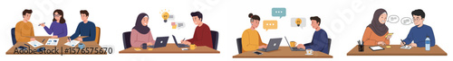 Multi-panel illustration of teamwork in a modern office setting with four sequential scenes of collaborative work