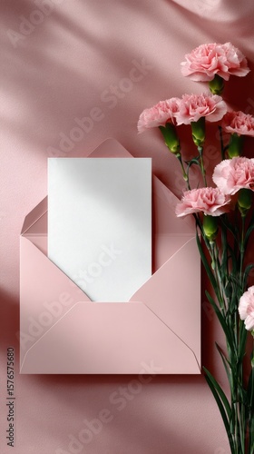 Card and Pink Flowers on a Pastel Background During a Spring Celebration