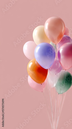 Colorful Balloons Floating Against a Soft Pink Background Create a Festive At...