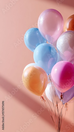 Colorful Balloons With Dried Flowers Arranged Against a Pink Background Creat...