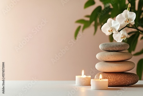 Calm Atmosphere With Stacked Stones, Candles, and an Orchid Flower in a Seren...
