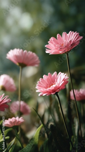 Pink Flowers Bloom Under Soft Sunlight in a Tranquil Garden During the Spring...