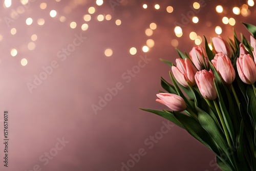 Beautiful Bouquet of Pink Tulips Against a Soft Bokeh Background With Warm Li...