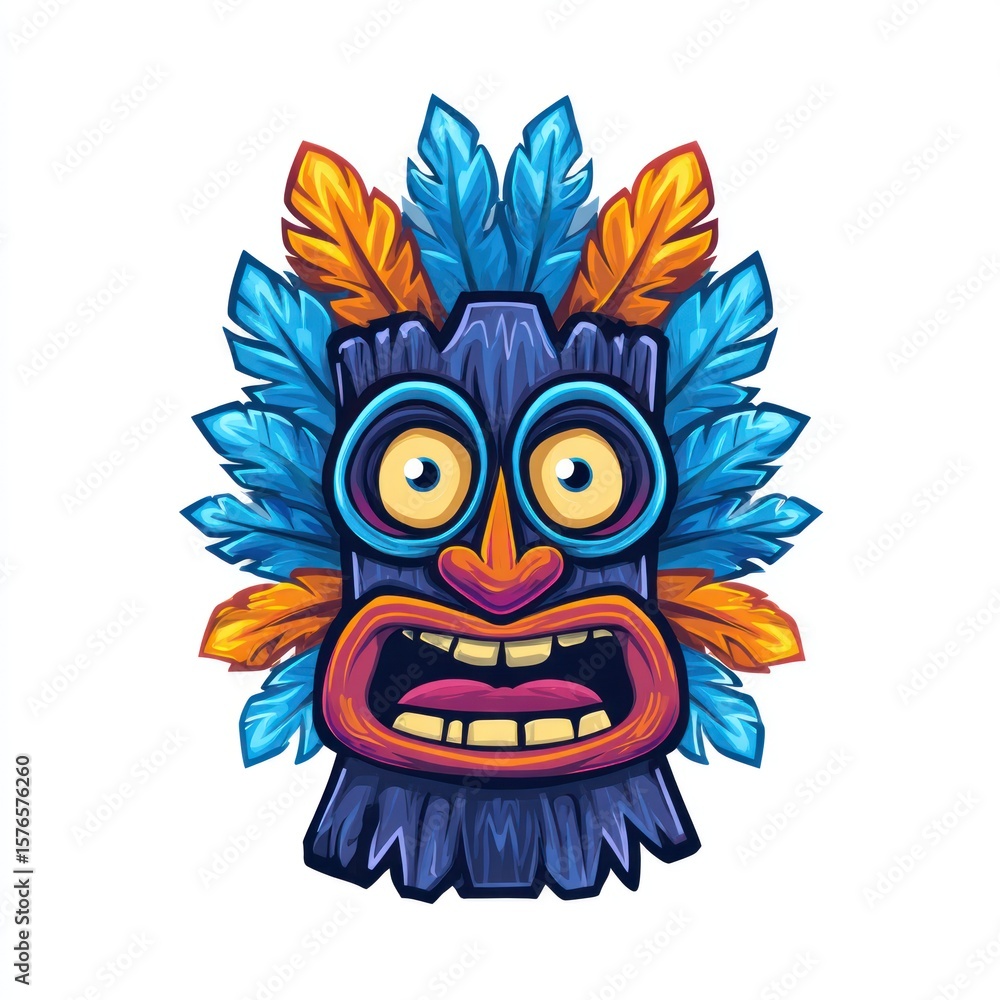 Fototapeta premium A vibrant tiki mask with blue and orange feathers, shouts with surprise