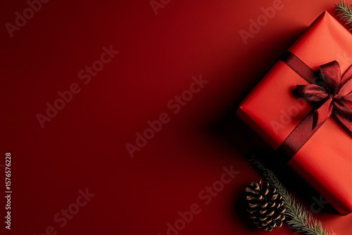 Beautifully Wrapped Red Gift Box With Ribbon and Pine Cone on Festive Red Bac...