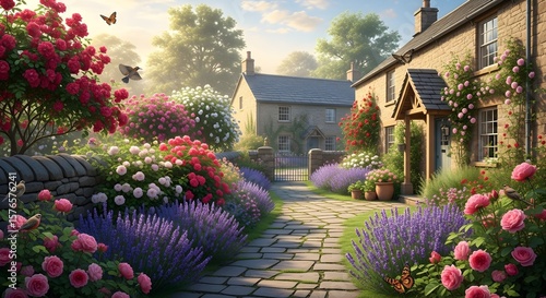 Idyllic English cottage garden pathway with vibrant lavender and roses, capturing picturesque rural scenery for tranquil lifestyle and travel concepts