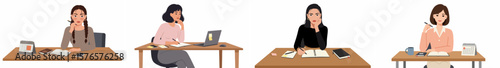 Four women working at wooden desks in a professional office setting