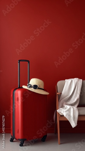 Bright Red Suitcase and Straw Hat Leaning on Chair in Cozy Interior Space