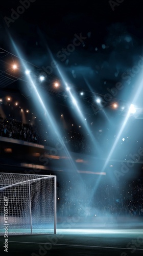 Bright Stadium Lights Illuminate an Empty Soccer Field During a Night Match S...