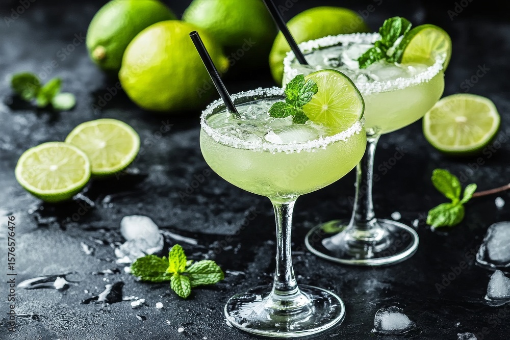 Fototapeta premium Refreshing Cocktails With Mint and Lime on a Dark Surface With Ice and Garnishes