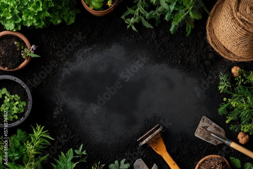 Gardening Setup With Soil, Tools, and Assorted Plants in a Home Garden Enviro...