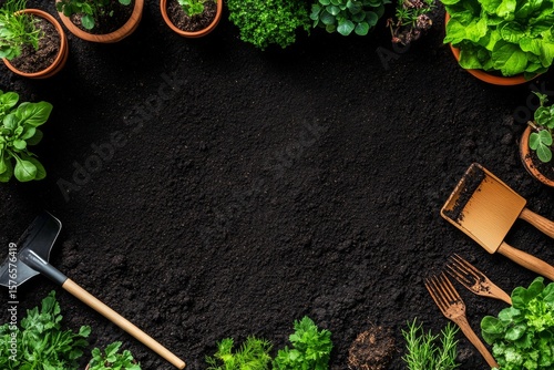 Gardening Setup With Soil, Tools, and Assorted Plants in a Home Garden Enviro...