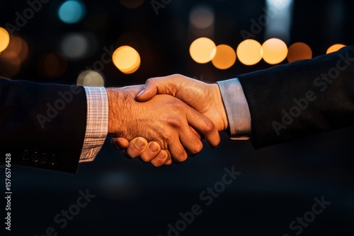 Handshake Between Two Business Professionals at Night in an Urban Setting Wit...