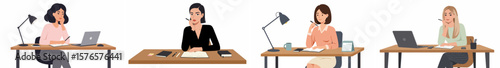 Four women working at wooden desks in a professional office setting