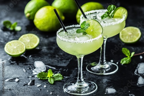 Refreshing Cocktails With Mint and Lime on a Dark Surface With Ice and Garnishes