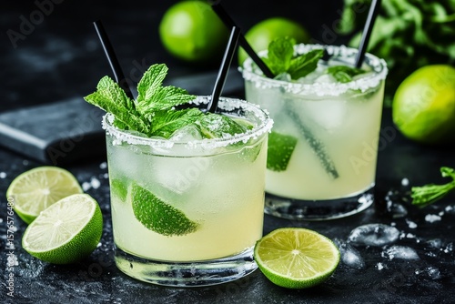 Refreshing Cocktails With Mint and Lime on a Dark Surface With Ice and Garnishes
