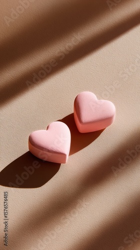 Heart-shaped Pink Candies Casting Shadows on a Beige Surface During Afternoon...