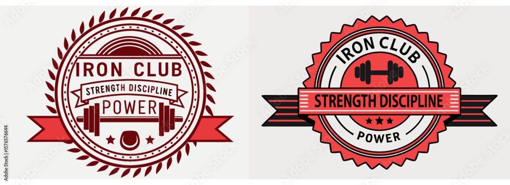 Obraz premium Iron Club gym-style insignias featuring barbells, circular badges, ribbon banners and motivational phrases like strength, power, and discipline