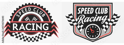 Vintage speed club racing logos with checkered flags, bold typography, and stopwatch elements for auto-themed competition or track design use