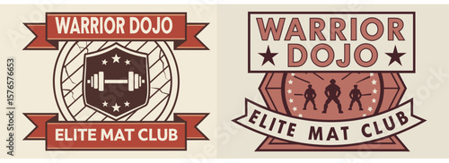 Martial arts warrior dojo elite club logos featuring fighters, gloves, circular layout, stars, and minimalist strength branding in badge format