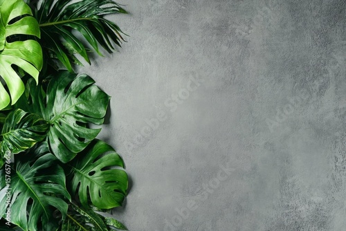 Lush Green Monstera Leaves on a Textured Gray Background Creating a Vibrant N...