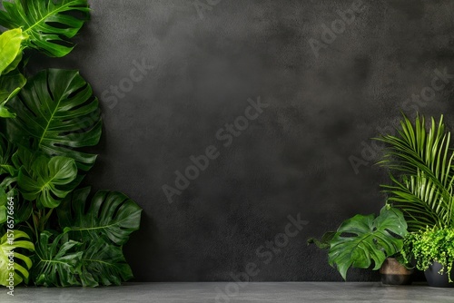 Lush Green Monstera Leaves on a Textured Gray Background Creating a Vibrant N...