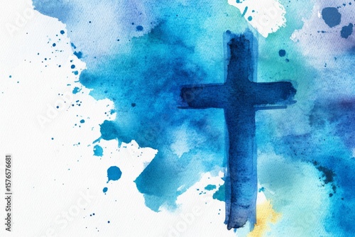Artistic Watercolor Depiction of a Cross Against a Blue Abstract Background