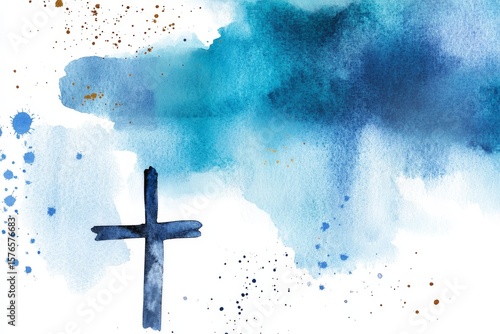 Artistic Watercolor Depiction of a Cross Against a Blue Abstract Background