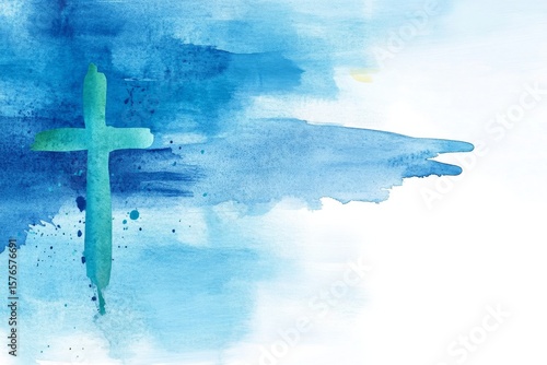 Abstract Watercolor Cross Design on a Blue Background for Religious Themes an...