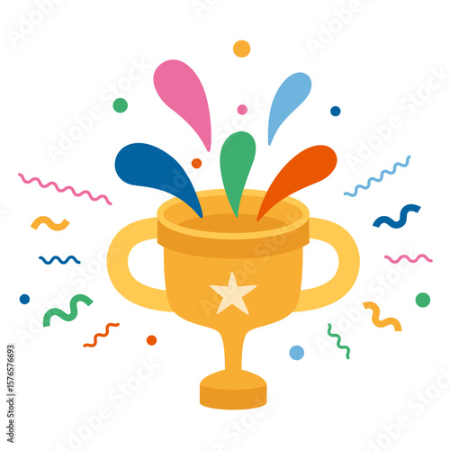 Golden trophy, Award Cup with colorful confetti and party elements exploding out. Trendy modern vector illustration isolated on white background, hand drawn, flat design