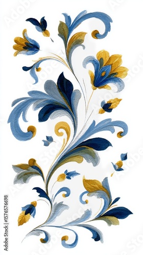 Bright Floral Pattern With Blue and Yellow Blossoms on a White Background
