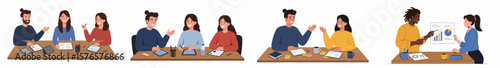 Illustration of collaborative discussions in a professional office setting with five panels