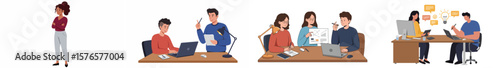 Multi-scene office illustration of professionals collaborating and working in a productive environment